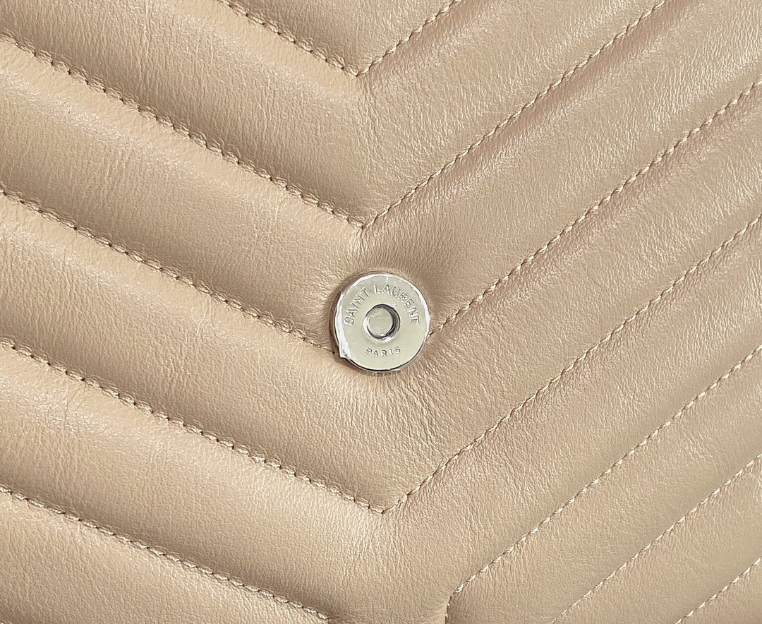 Y*L LOULOU MEDIUM IN QUILTED LEATHER DARK BEIGE SILVER 12.5 X 8.6 X 3.5 INCHES