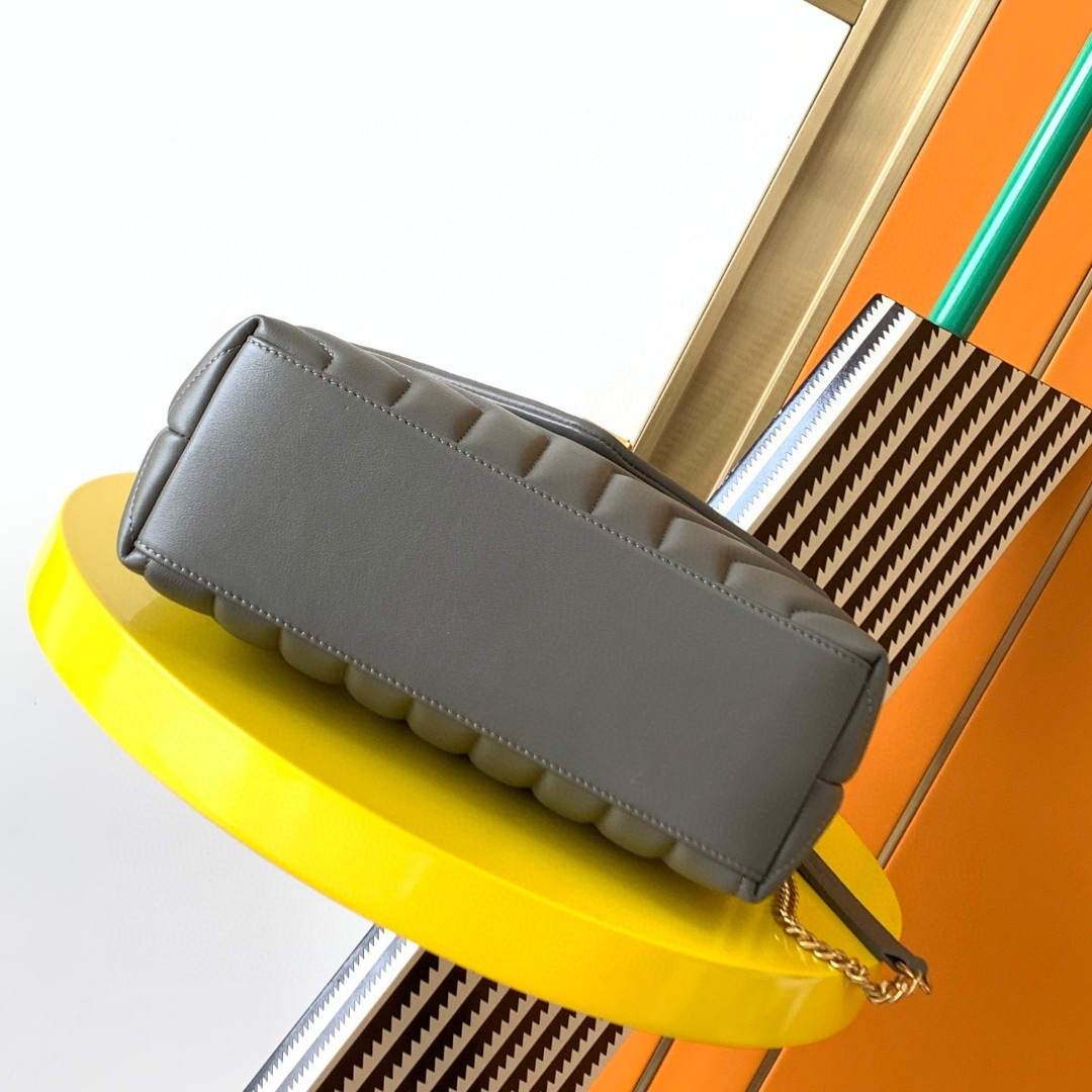 Y*L LOULOU SMALL IN QUILTED LEATHER GRAY GOLD 9 X 6.1 X 3.3 INCHES