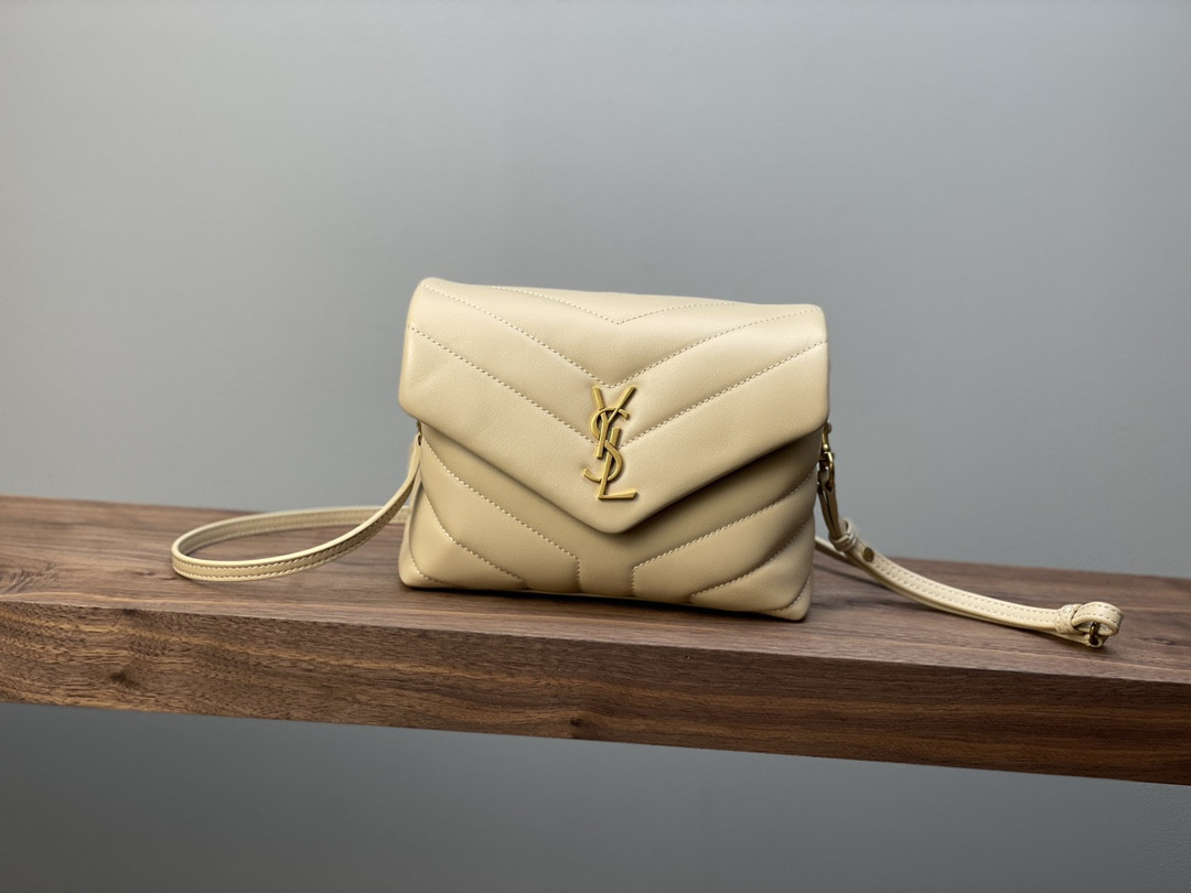 Y*L TOY LOULOU IN QUILTED LEATHER DARK BEIGE 7.9 X 5.5 X 3 INCHES