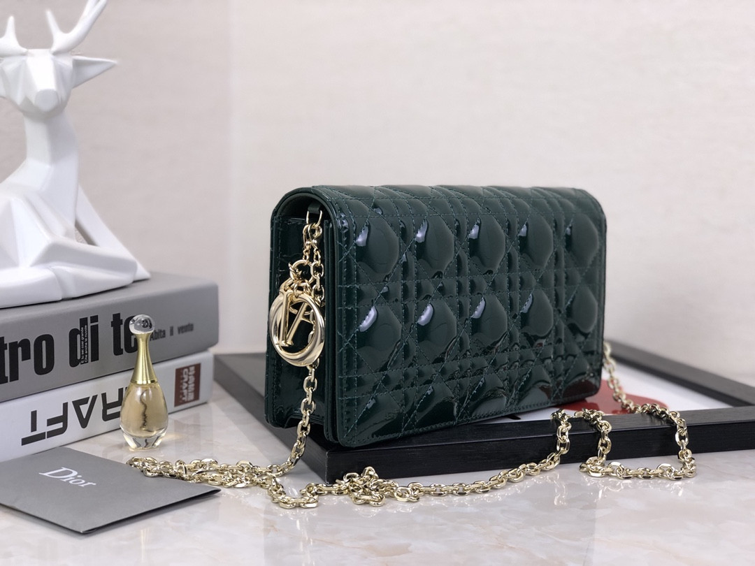 Lady D*0r Pouch Dark Green Patent Cannage Calfskin 8.5 x 4.5 x 1 inches