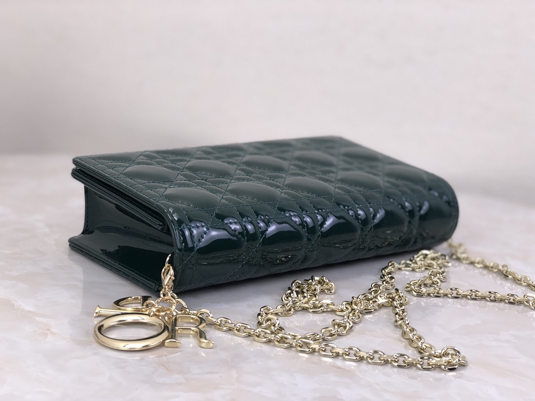 Lady D*0r Pouch Dark Green Patent Cannage Calfskin 8.5 x 4.5 x 1 inches