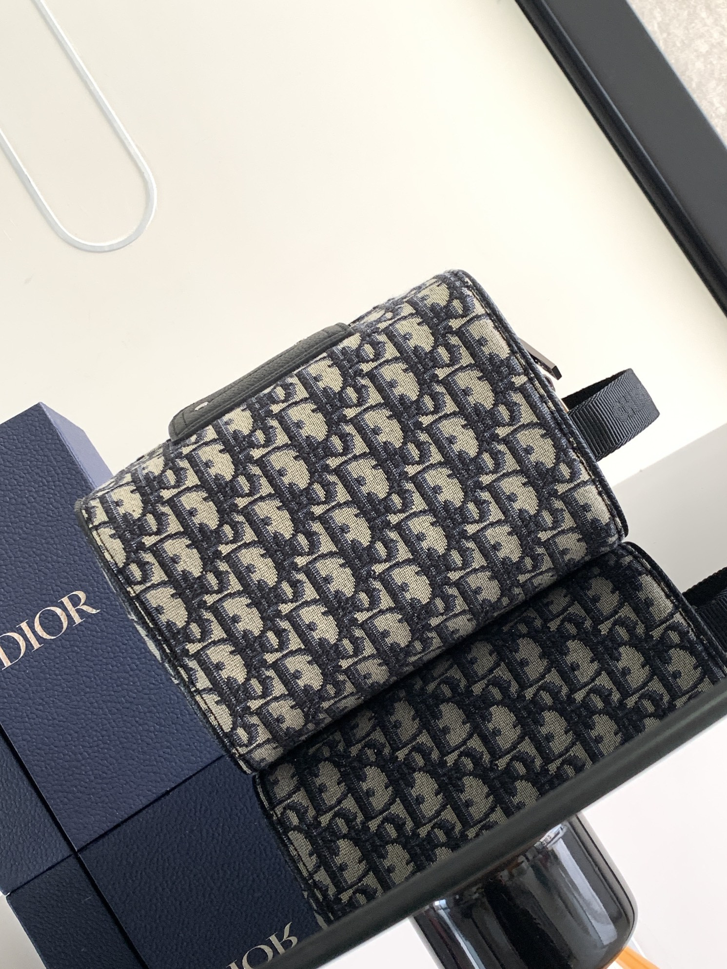 D*0r Lingot Toiletry Bag Beige and Black D*0r Oblique Jacquard 8.5 x 5 x 4 inches