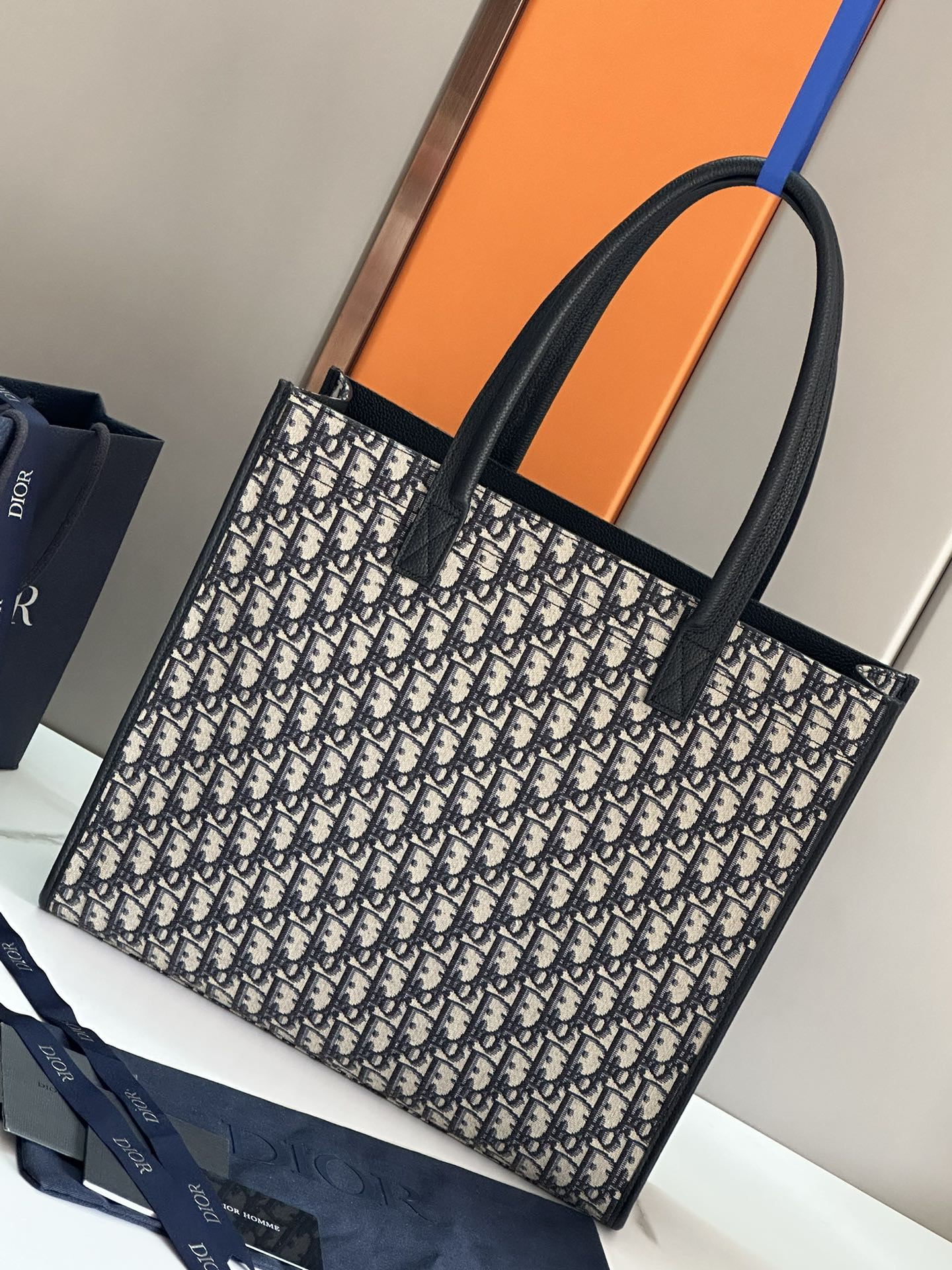 D*0r Safari Tote Bag Blue D*0r Oblique Jacquard and Grained Calfskin 15.5 x 14 x 4.5 inches