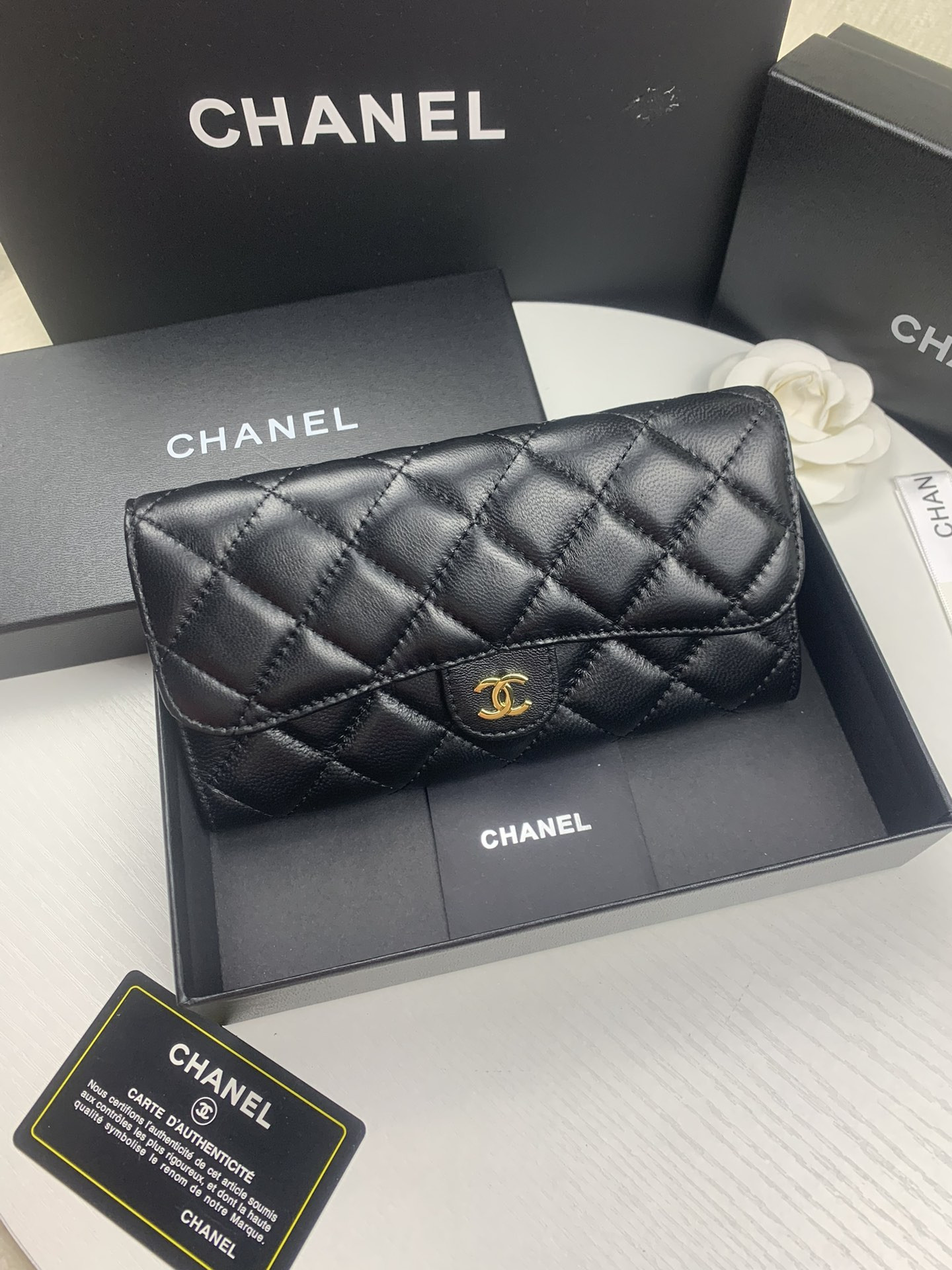 Ch*el FLAP WALLET BLACK 19.5 x10 cm