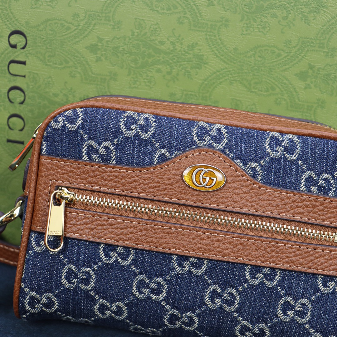 G*u*i OPHIDIA GG MINI TOP HANDLE BAG Denim Blue 6.8 W x 4.7 H x 2.1 D