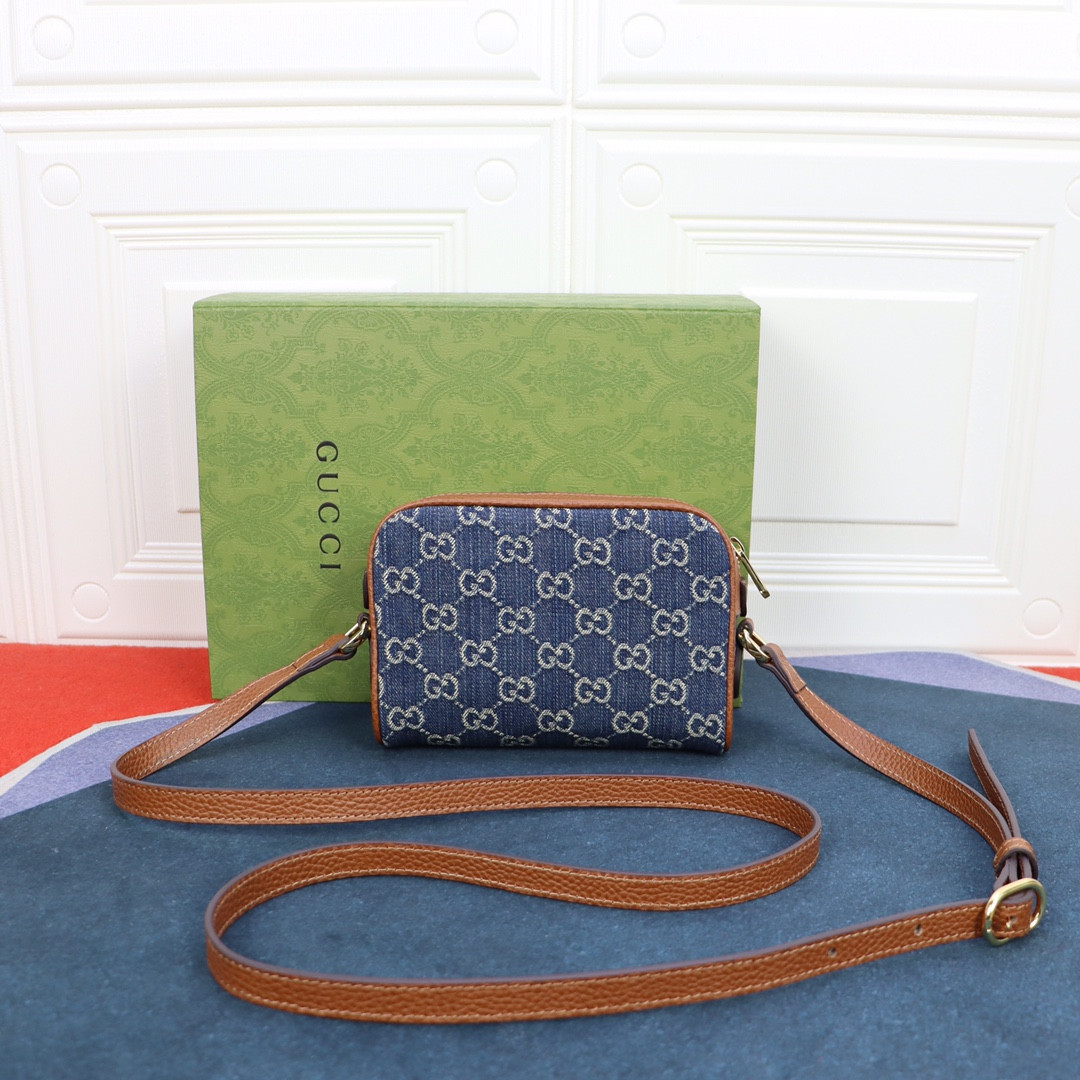 G*u*i OPHIDIA GG MINI TOP HANDLE BAG Denim Blue 6.8 W x 4.7 H x 2.1 D