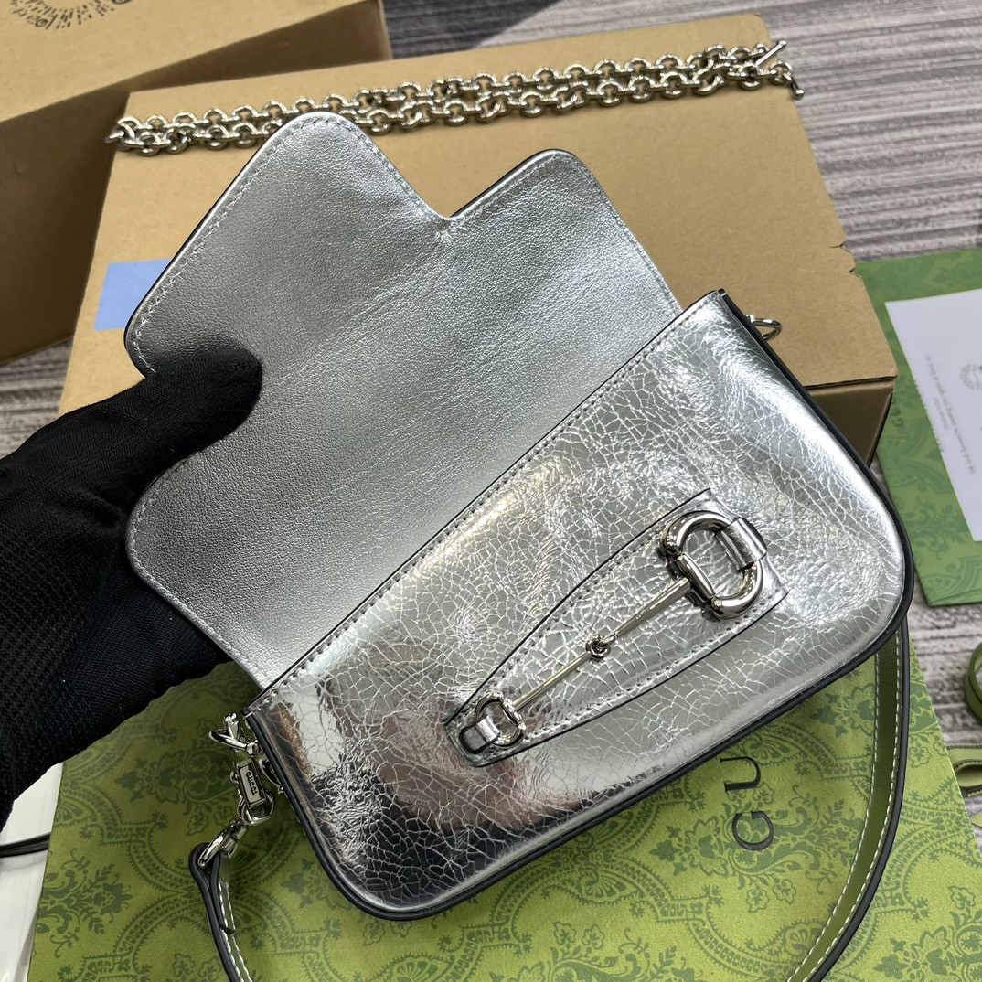 G*u*i HORSEBIT 1955 MINI SHOULDER BAG SILVER 7.7"W x 5-3.1"H x 2.4-1.2"D