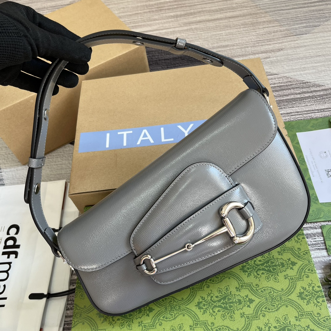 G*u*i HORSEBIT 1955 SMALL SHOULDER BAG GRAY 10.4"W x 6.7-4.1"H x 3.1-1.6"D