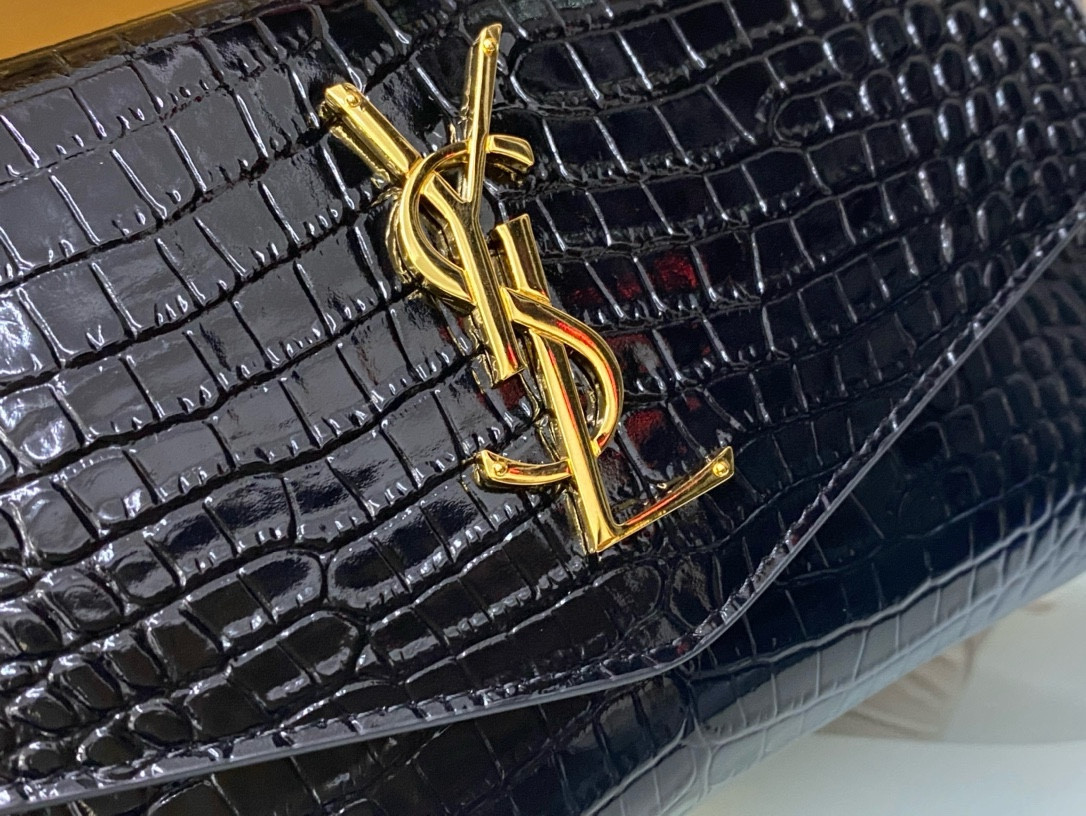 Y*L UPTOWN CHAIN WALLET IN CROCODILE-EMBOSSED SHINY LEATHER 7.5 X 4.7 X 1.2 INCHES