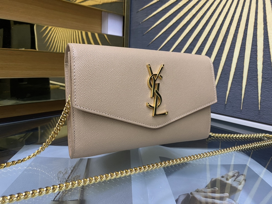 Y*L UPTOWN CHAIN WALLET IN GRAIN DE POUDRE EMBOSSED LEATHER DARK BEIGE 7.5 X 4.7 X 1.2 INCHES