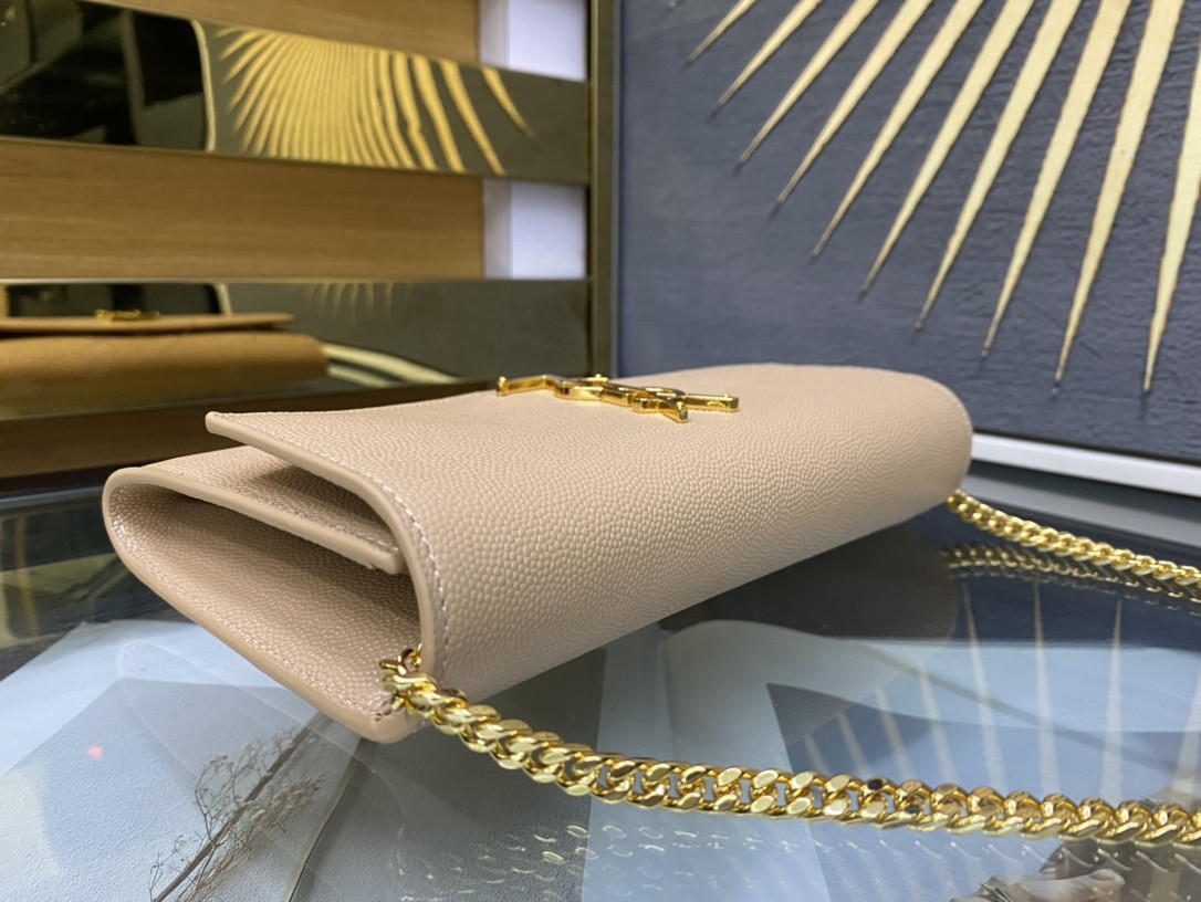 Y*L UPTOWN CHAIN WALLET IN GRAIN DE POUDRE EMBOSSED LEATHER DARK BEIGE 7.5 X 4.7 X 1.2 INCHES