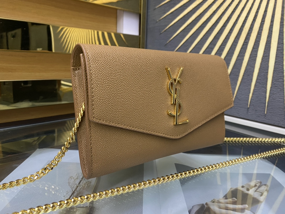 Y*L UPTOWN CHAIN WALLET IN GRAIN DE POUDRE EMBOSSED LEATHER TAUPE 7.5 X 4.7 X 1.2 INCHES