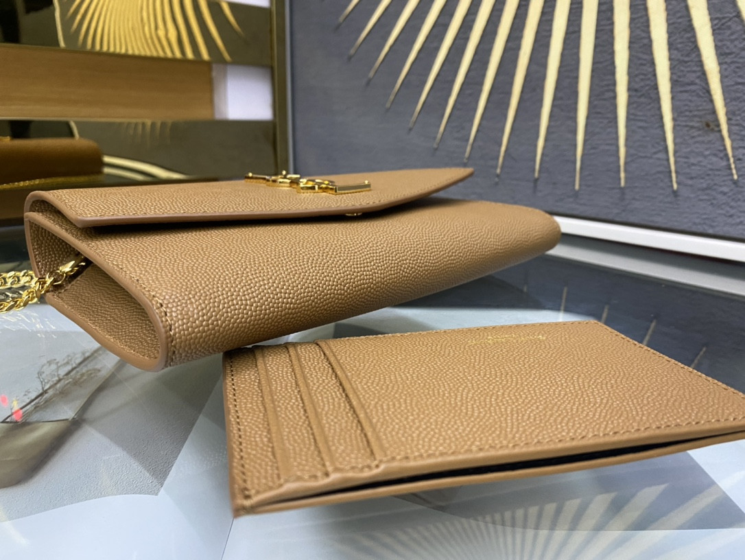 Y*L UPTOWN CHAIN WALLET IN GRAIN DE POUDRE EMBOSSED LEATHER TAUPE 7.5 X 4.7 X 1.2 INCHES