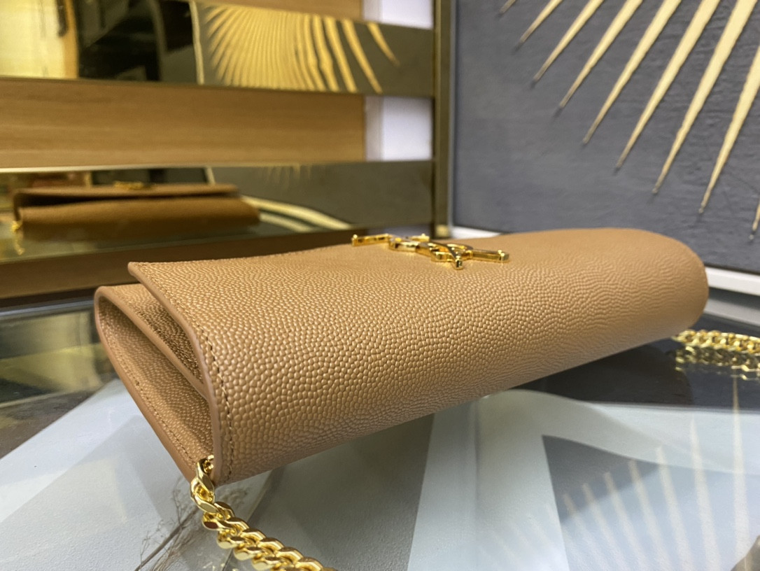 Y*L UPTOWN CHAIN WALLET IN GRAIN DE POUDRE EMBOSSED LEATHER TAUPE 7.5 X 4.7 X 1.2 INCHES