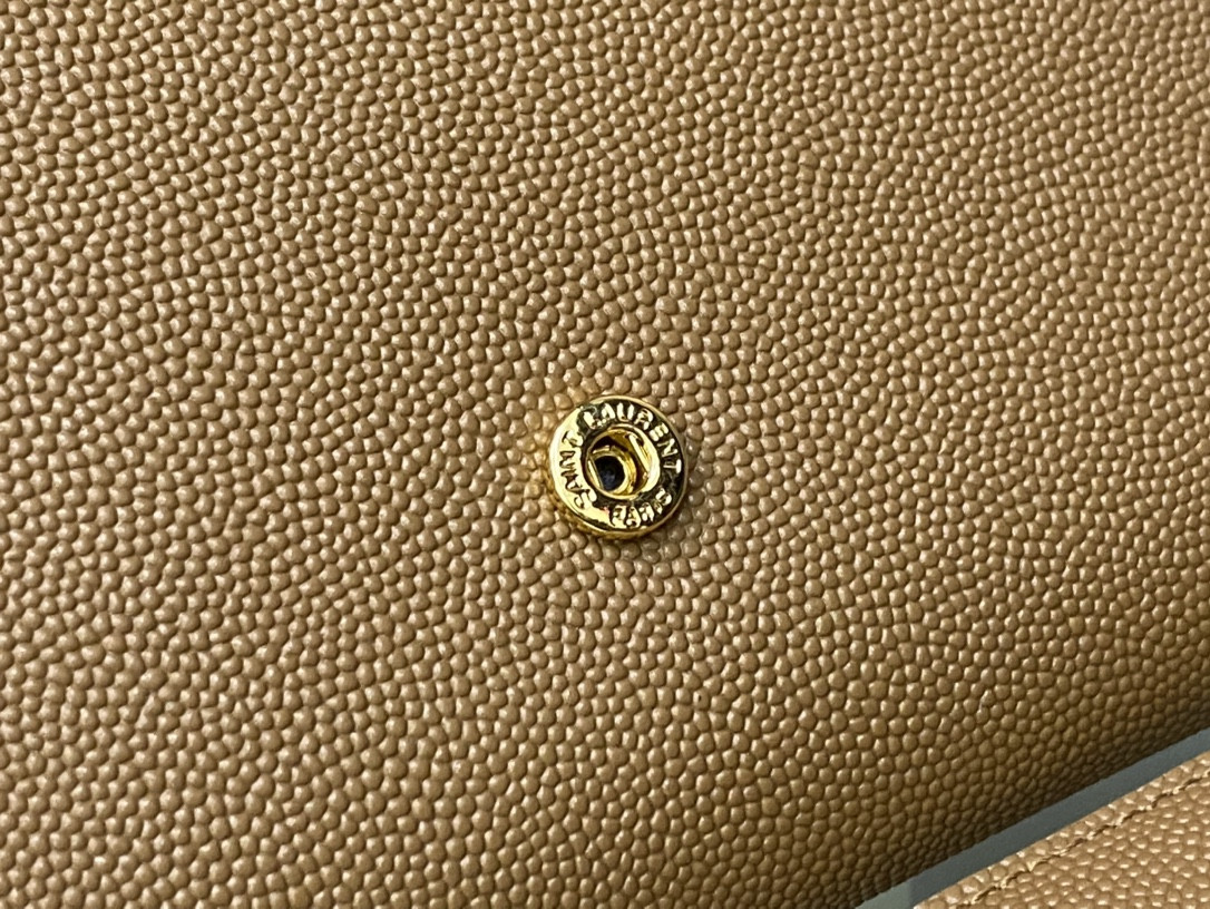 Y*L UPTOWN CHAIN WALLET IN GRAIN DE POUDRE EMBOSSED LEATHER TAUPE 7.5 X 4.7 X 1.2 INCHES