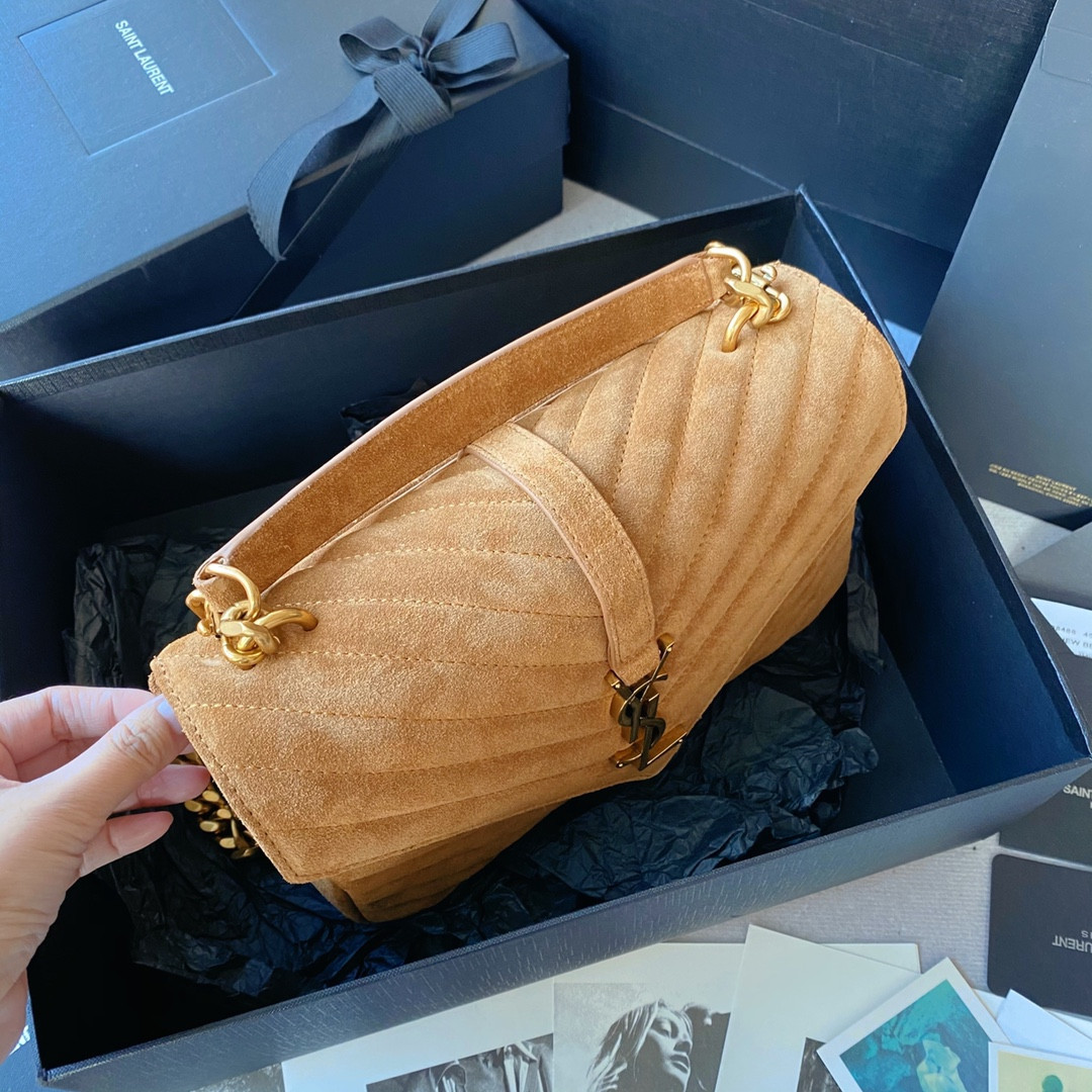 Y*L COLLEGE MEDIUM IN QUILTED SUEDE BROWN 9.4 X 6.6 X 2.5 INCHES