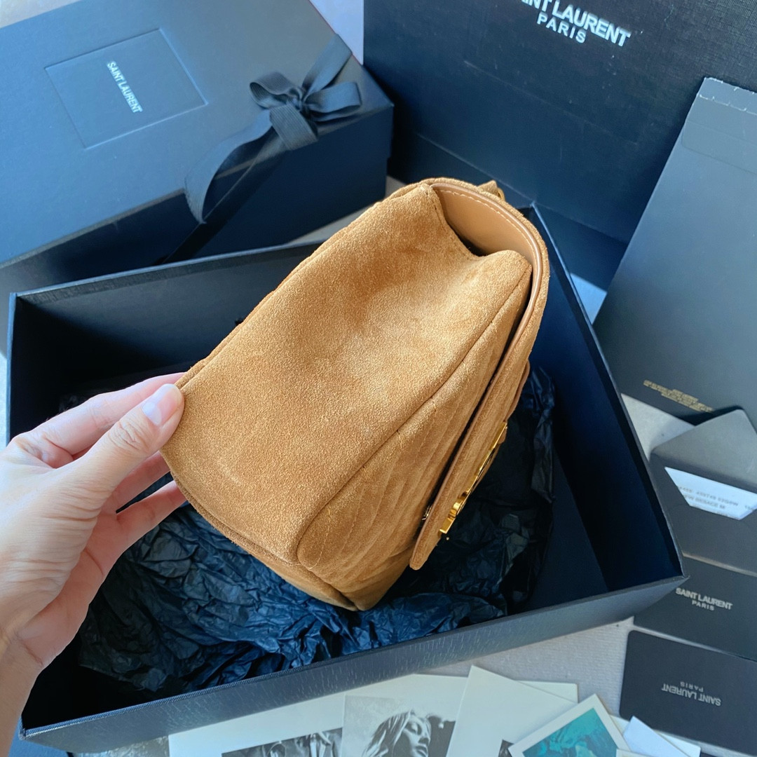 Y*L COLLEGE MEDIUM IN QUILTED SUEDE BROWN 9.4 X 6.6 X 2.5 INCHES