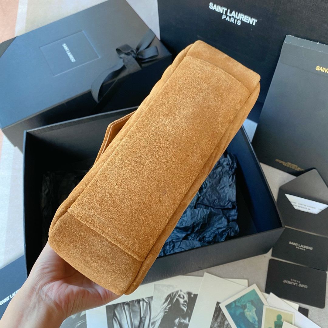 Y*L COLLEGE MEDIUM IN QUILTED SUEDE BROWN 9.4 X 6.6 X 2.5 INCHES