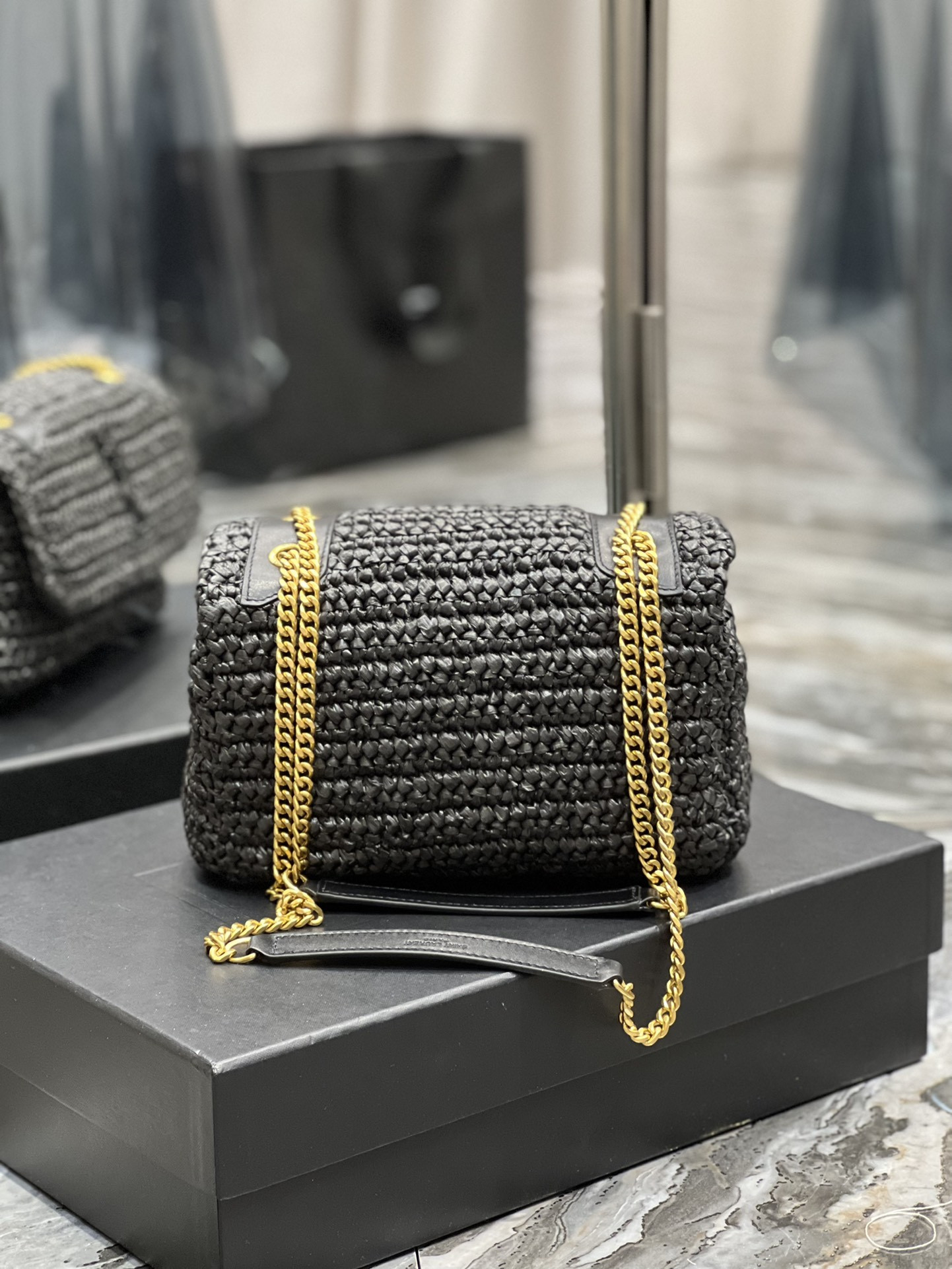 Y*L NIKI CHAIN BAG IN RAFFIA AND LEATHER BLACK 22×16.5×12 CM