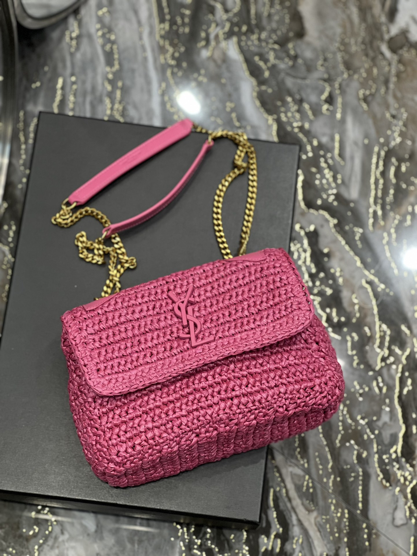 Y*L NIKI CHAIN BAG IN RAFFIA AND LEATHER 22×16.5×12 CM