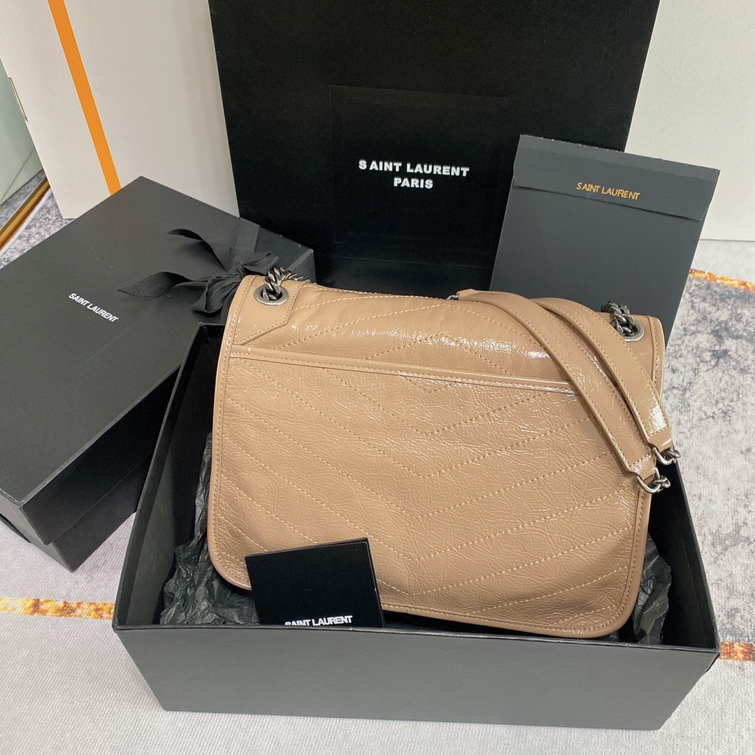 Y*L NIKI MEDIUM IN VINTAGE LEATHER DARK BEIGE 11 X 7.8 X 3.3 INCHES