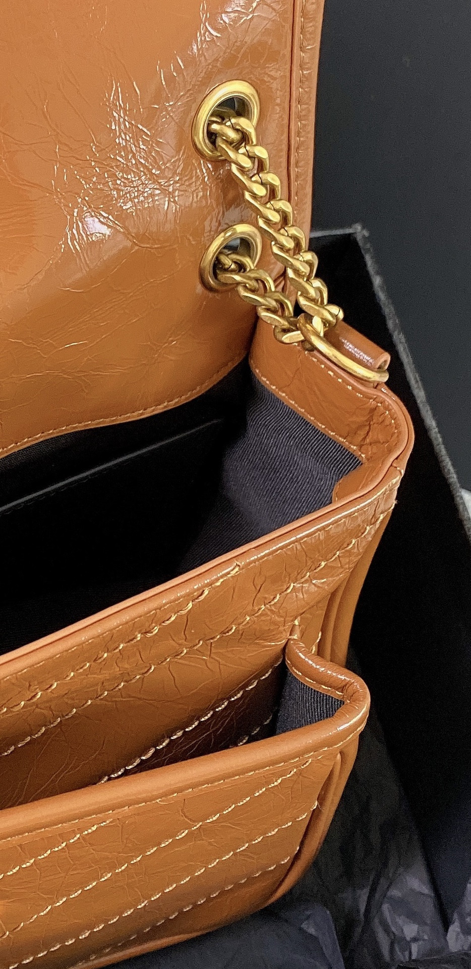 Y*L NIKI BABY IN VINTAGE LEATHER LIGHT CARAMEL 8.2 X 6 X 2.9 INCHES