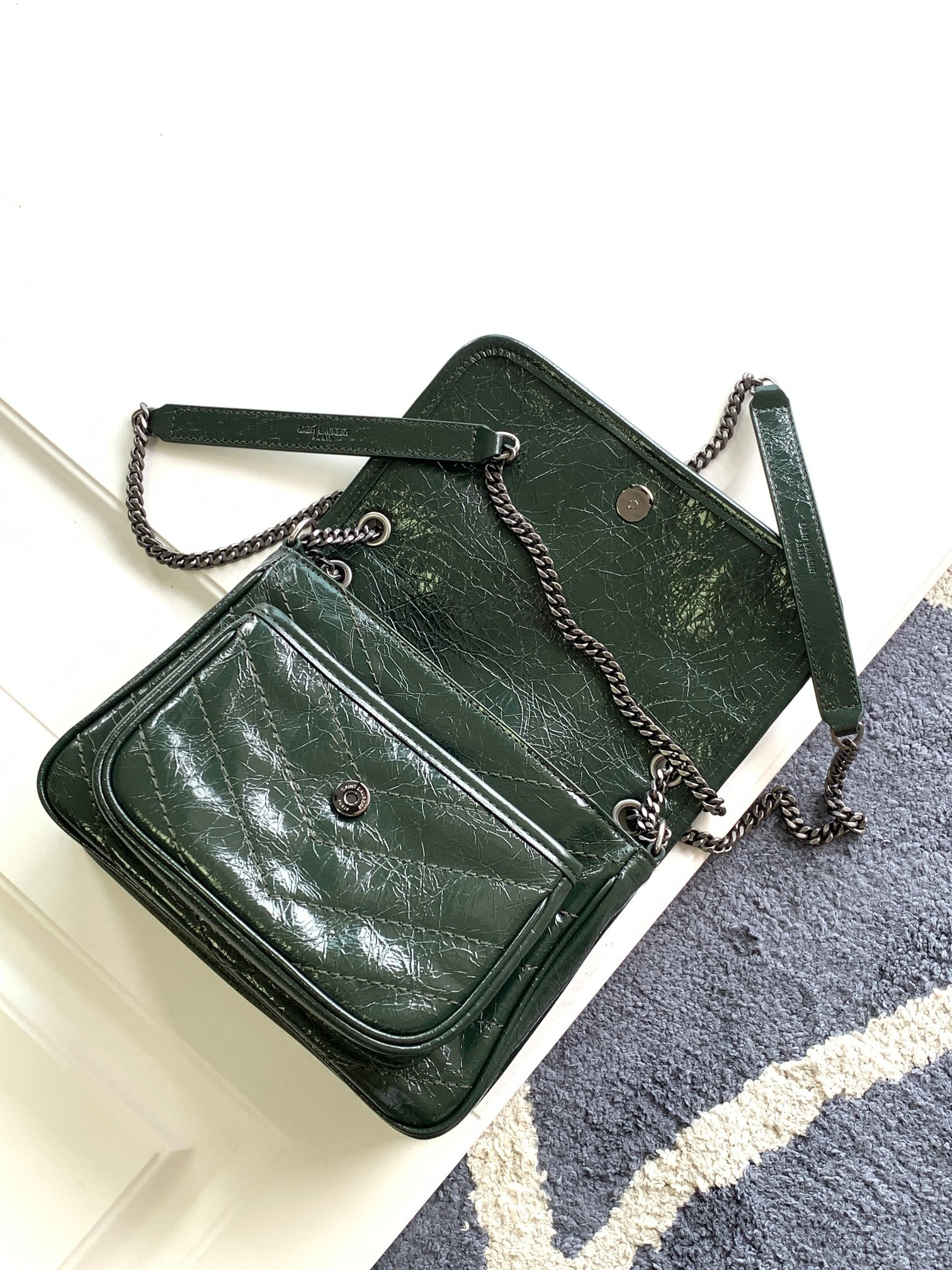 Y*L NIKI BABY IN VINTAGE LEATHER DARK GREEN 8.2 X 6 X 2.9 INCHES