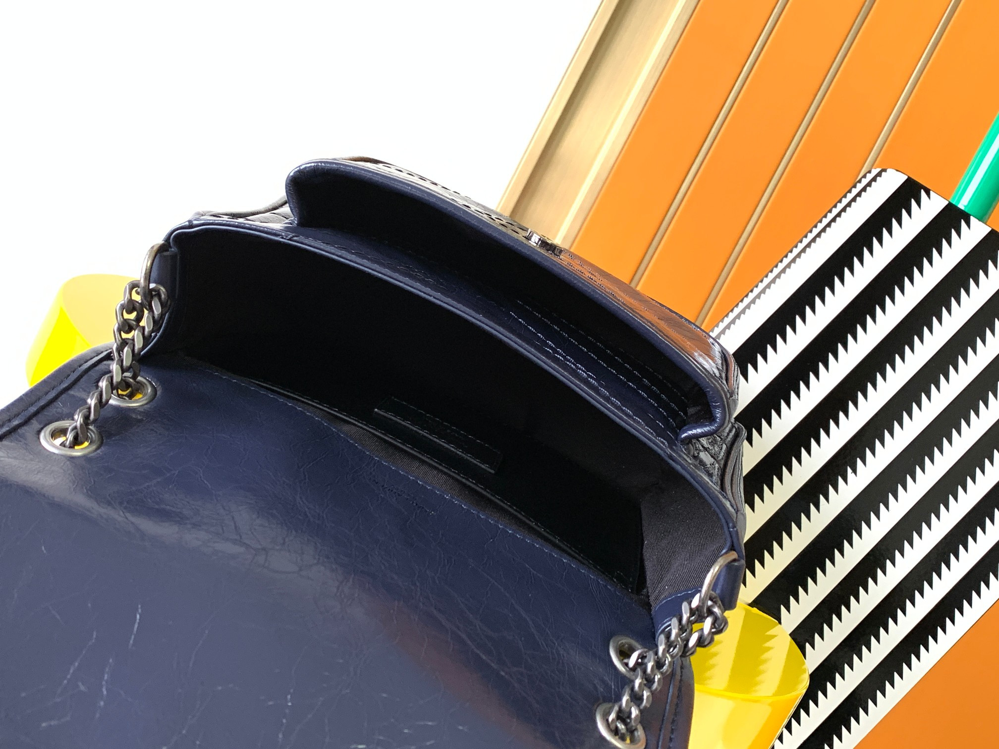 Y*L NIKI BABY IN VINTAGE LEATHER NAVY 8.2 X 6 X 2.9 INCHES