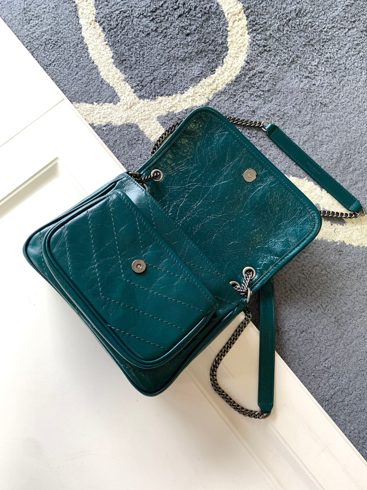 Y*L NIKI BABY IN VINTAGE LEATHER BLUE 8.2 X 6 X 2.9 INCHES