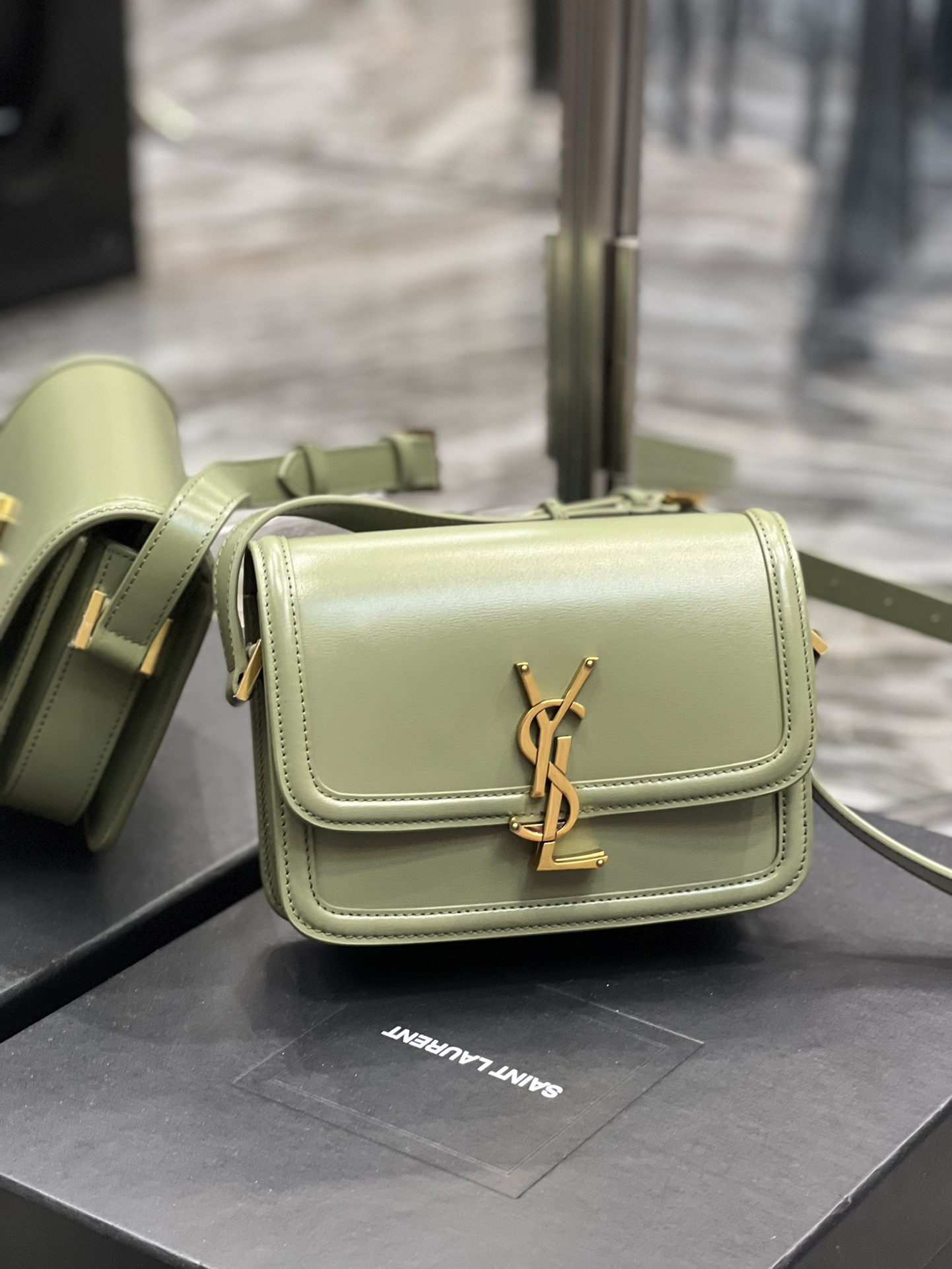 Y*L SOLFERINO SMALL SATCHEL IN BOX SAINT LIGHT GREEN 7.4 X 5.1 X 1.9 INCHES