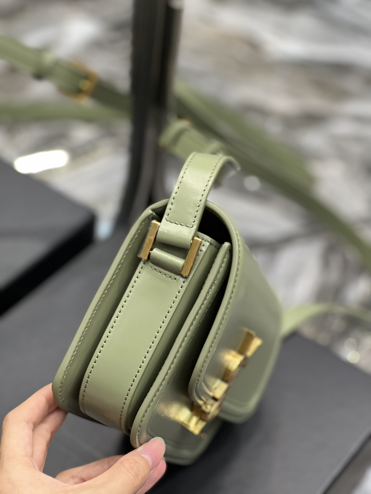 Y*L SOLFERINO SMALL SATCHEL IN BOX SAINT LIGHT GREEN 7.4 X 5.1 X 1.9 INCHES