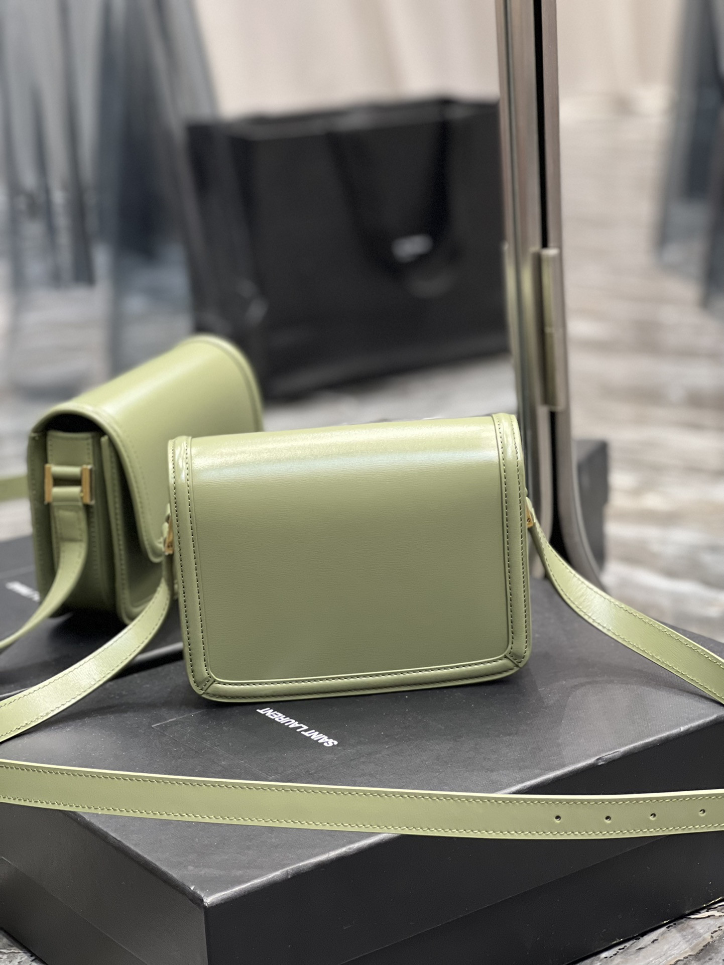 Y*L SOLFERINO SMALL SATCHEL IN BOX SAINT LIGHT GREEN 7.4 X 5.1 X 1.9 INCHES