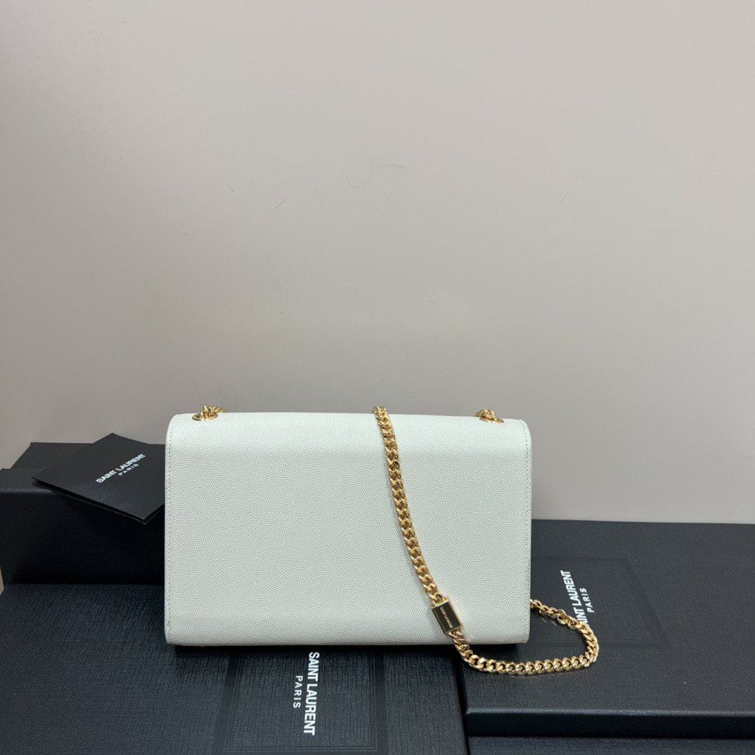 Y*L KATE MEDIUM IN GRAIN DE POUDRE EMBOSSED LEATHER WHITE GOLD 9.4 X 5.7 X 2.1 INCHES