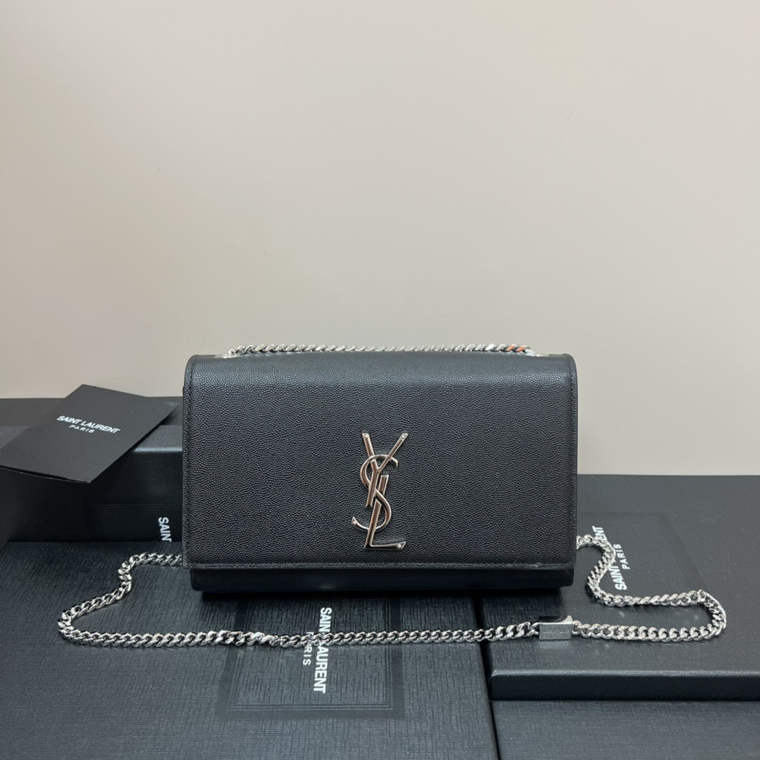 Y*L KATE MEDIUM IN GRAIN DE POUDRE EMBOSSED LEATHER BLACK SILVER 9.4 X 5.7 X 2.1 INCHES