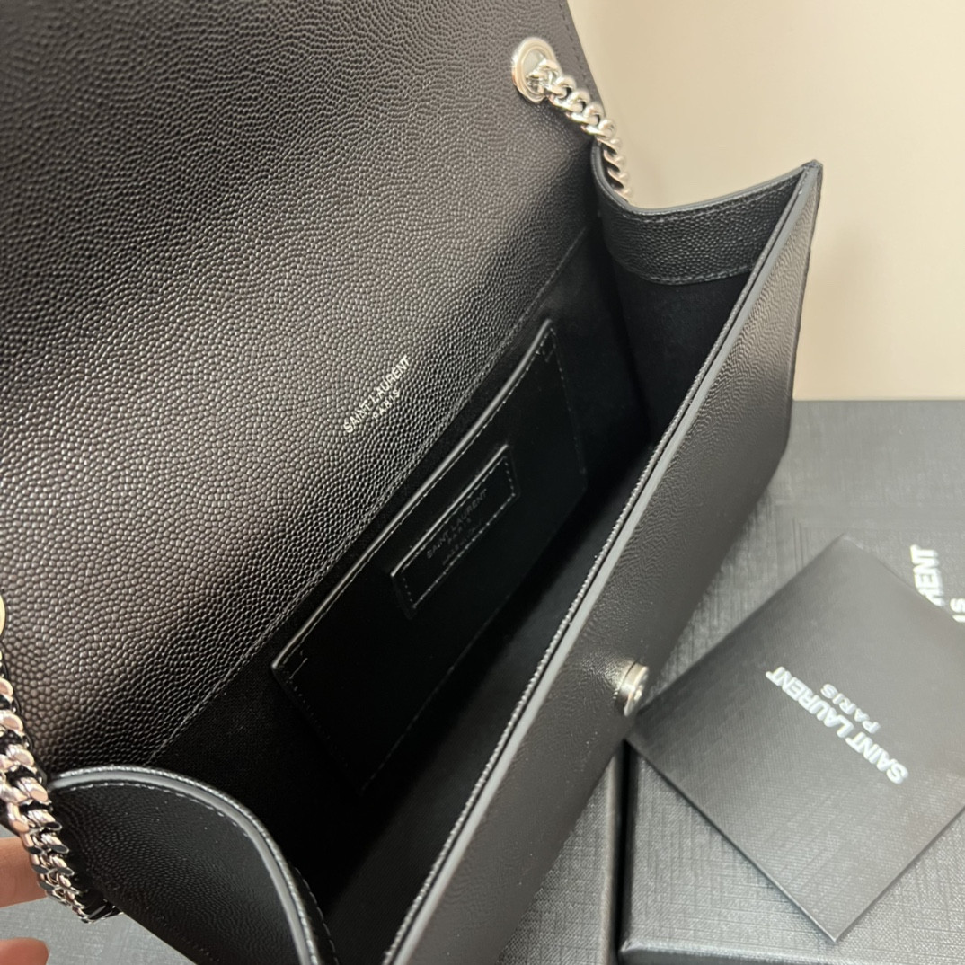 Y*L KATE MEDIUM IN GRAIN DE POUDRE EMBOSSED LEATHER BLACK SILVER 9.4 X 5.7 X 2.1 INCHES