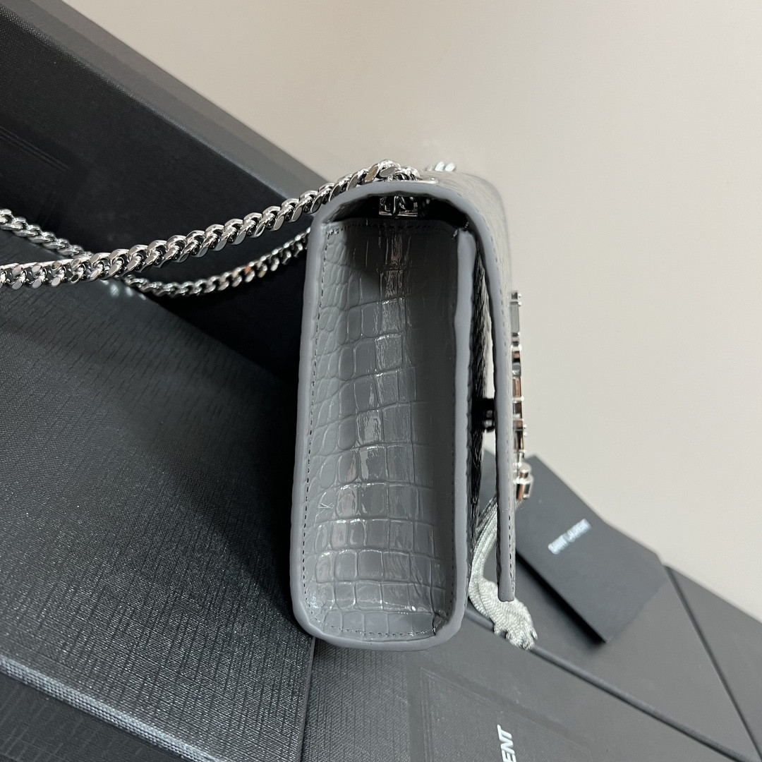 Y*L KATE MEDIUM TASSEL IN CROCODILE-EMBOSSED LEATHER GRAY 9.4 X 5.7 X 2.1 INCHES