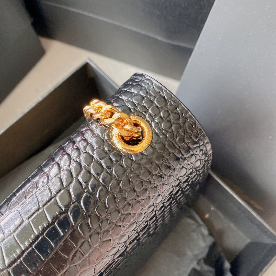 Y*L KATE MEDIUM TASSEL IN CROCODILE-EMBOSSED LEATHER BLACK 9.4 X 5.7 X 2.1 INCHES