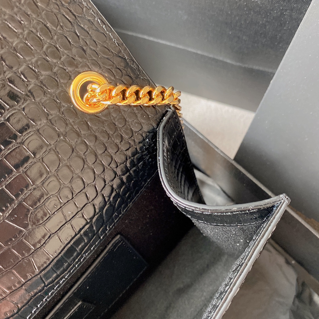 Y*L KATE MEDIUM TASSEL IN CROCODILE-EMBOSSED LEATHER BLACK 9.4 X 5.7 X 2.1 INCHES