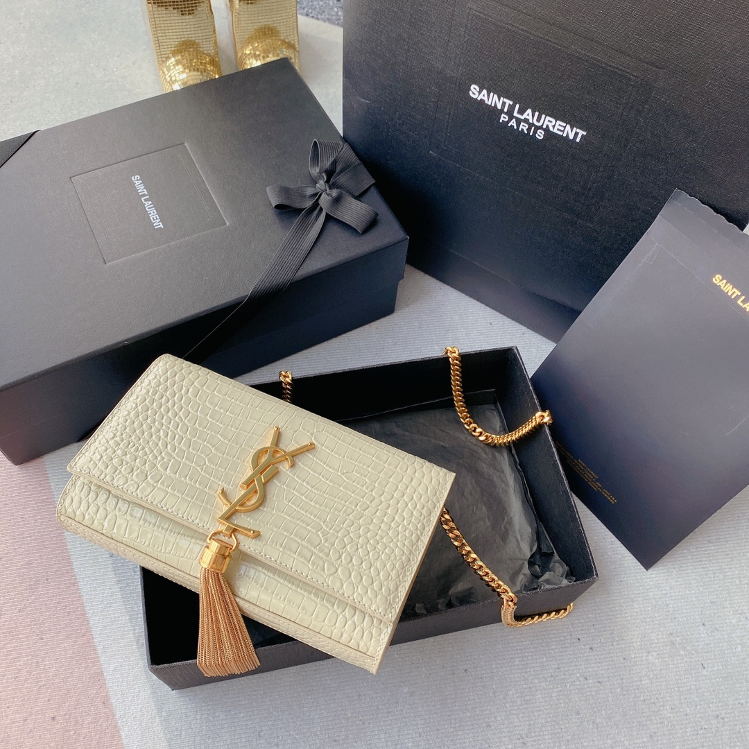 Y*L KATE MEDIUM TASSEL IN CROCODILE-EMBOSSED LEATHER WHITE 9.4 X 5.7 X 2.1 INCHES