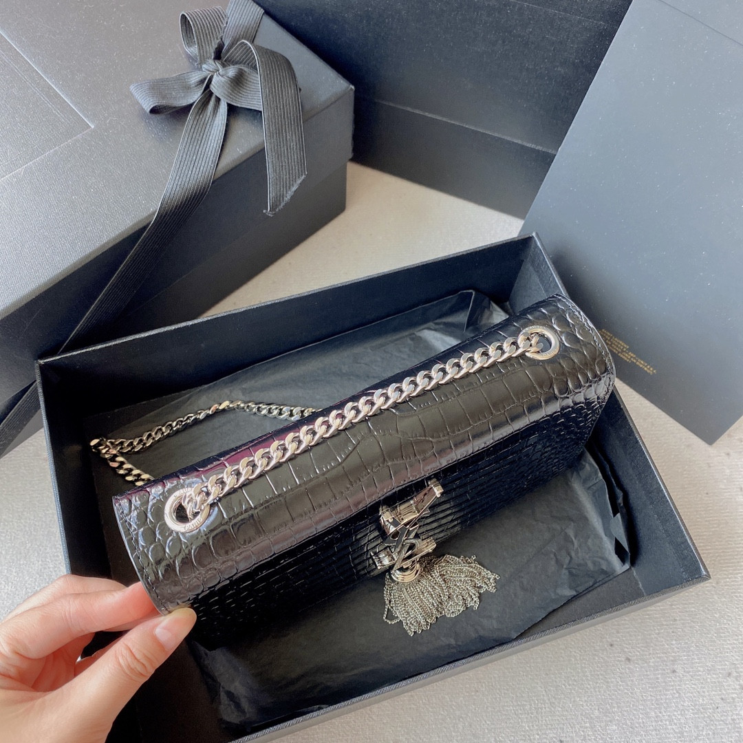 Y*L KATE MEDIUM TASSEL IN CROCODILE-EMBOSSED LEATHER BLACK 9.4 X 5.7 X 2.1 INCHES