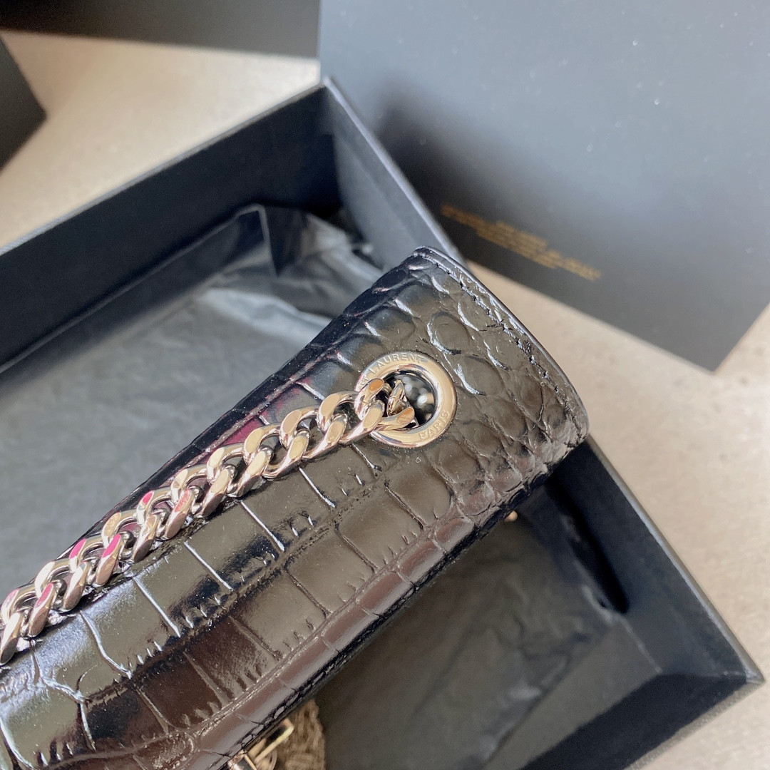 Y*L KATE MEDIUM TASSEL IN CROCODILE-EMBOSSED LEATHER BLACK 9.4 X 5.7 X 2.1 INCHES