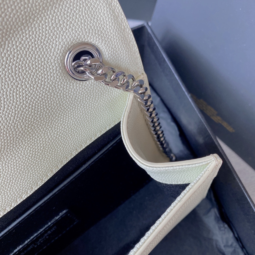 Y*L KATE SMALL IN GRAIN DE POUDRE EMBOSSED LEATHER WHITE SILVER 7.8 X 4.9 X 1.9 INCHES