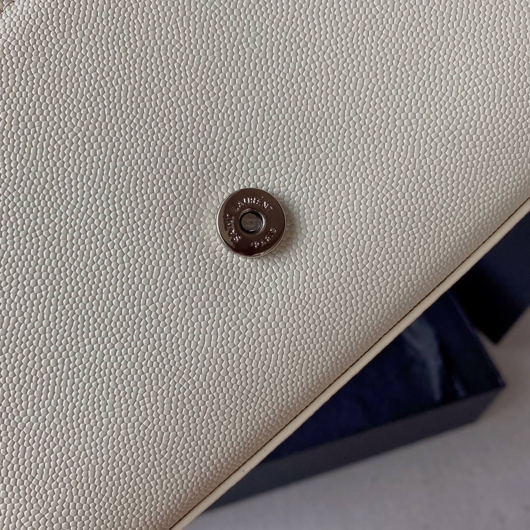 Y*L KATE SMALL IN GRAIN DE POUDRE EMBOSSED LEATHER WHITE SILVER 7.8 X 4.9 X 1.9 INCHES