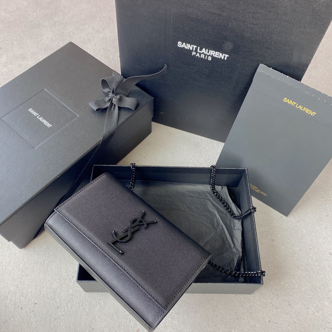 Y*L KATE SMALL IN GRAIN DE POUDRE EMBOSSED LEATHER NAVY 7.8 X 4.9 X 1.9 INCHES