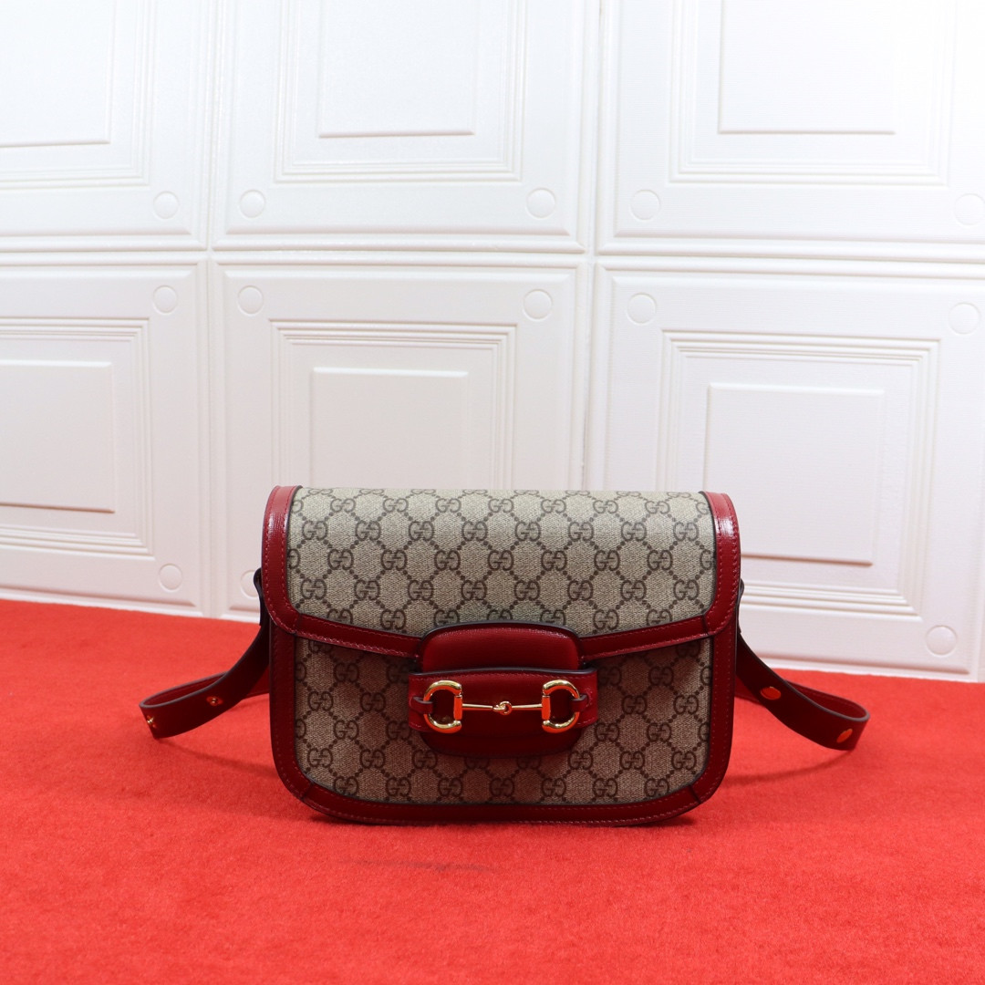 G*u*i HORSEBIT 1955 SHOULDER BAG GRAY RED 9.8"W x 7"H x 3.1"D