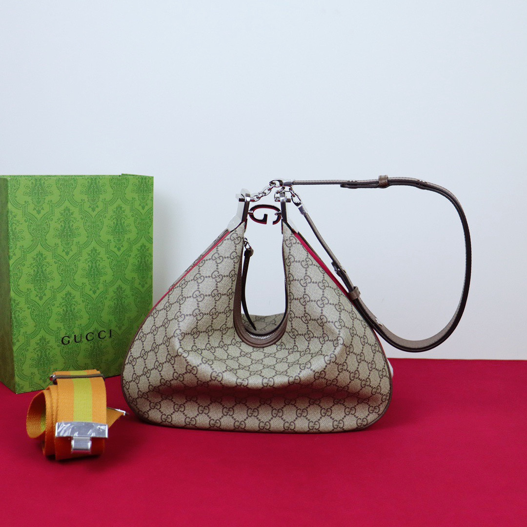 G*u*i ATTACHE MEDIUM SHOULDER BAG Beige and blue 13.8″W x 12.6″H x 2.4″D