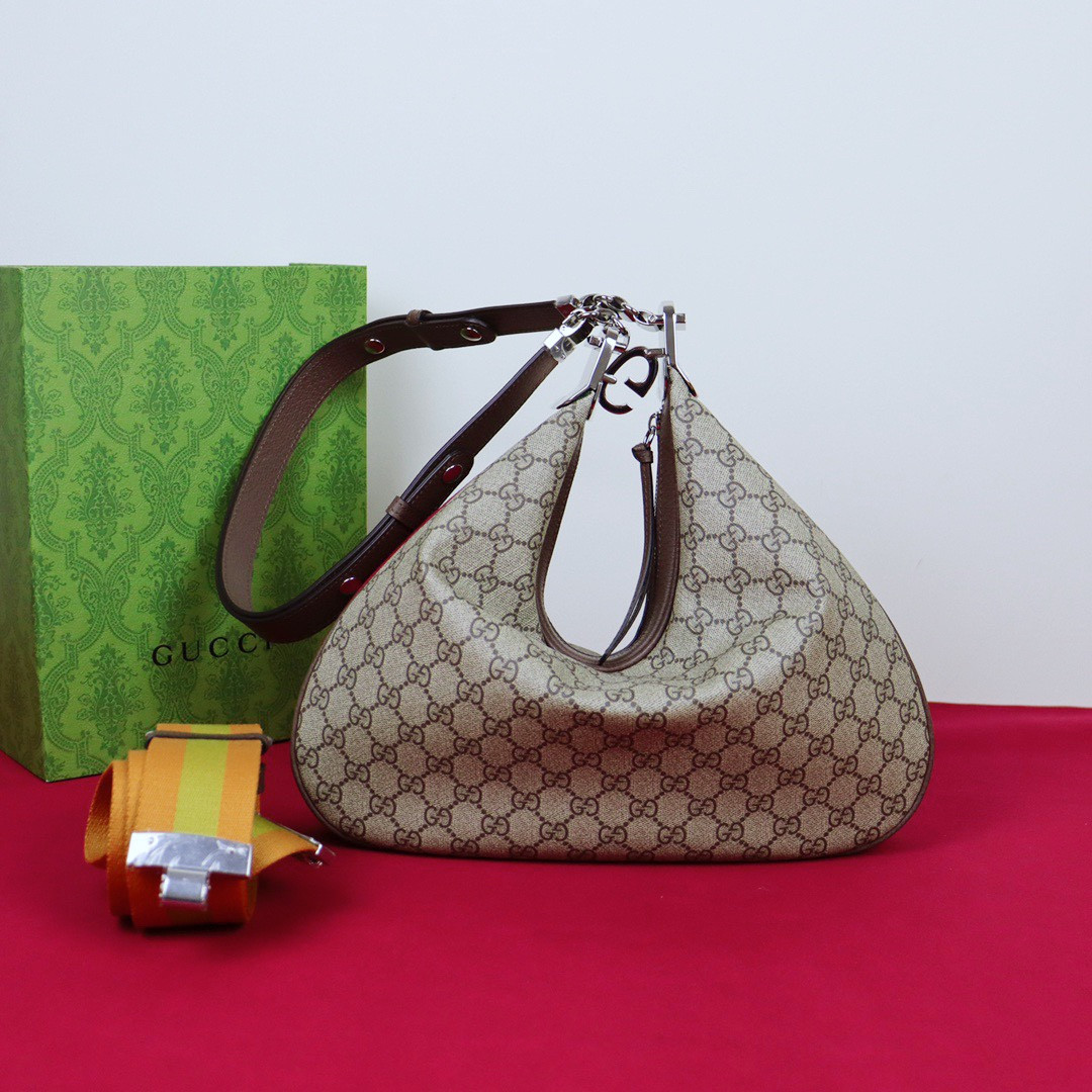 G*u*i ATTACHE MEDIUM SHOULDER BAG Beige and blue 13.8″W x 12.6″H x 2.4″D