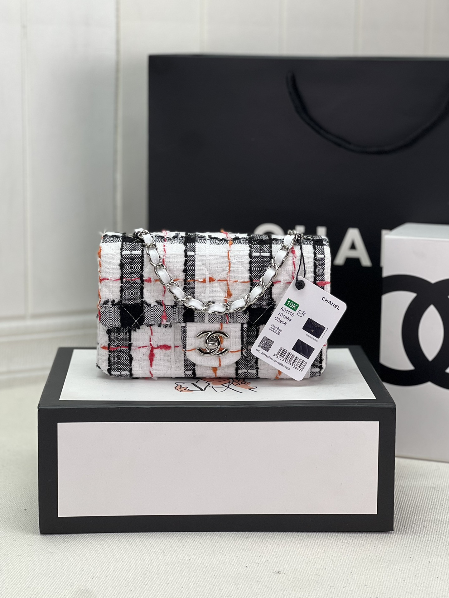 Ch*el MINI CLASSIC 11.12 HANDBAG Tweed & Silver-Tone Metal  4.7 × 7.8 × 2.3 in