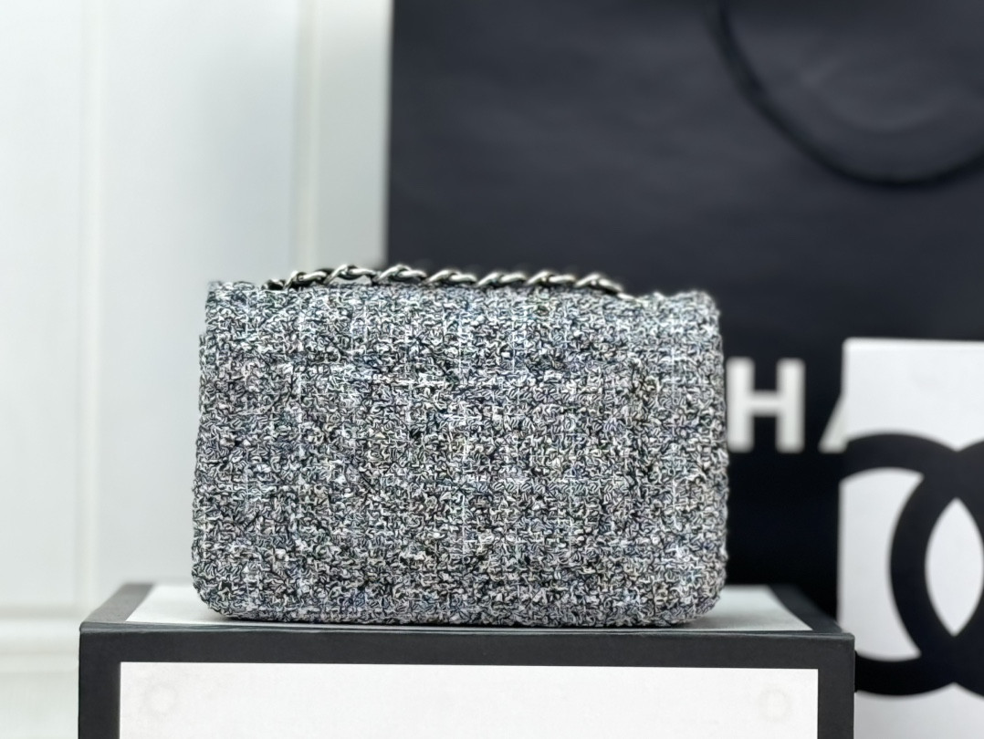 Ch*el MINI CLASSIC 11.12 HANDBAG Tweed & Silver-Tone Metal 4.7 × 7.8 × 2.3 in