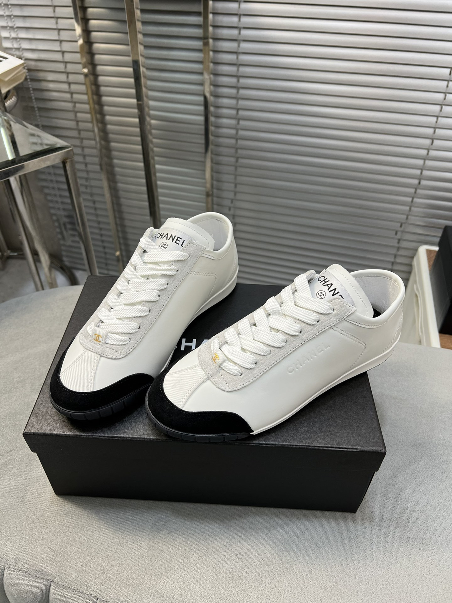 UA Ch*el SNEAKERS Calfskin & Suede Calfskin White & Black